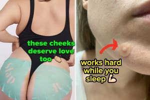 a model with face masks on their butt cheeks "these cheeks deserve love too" / a reviewer with gunk filled pimple patch "works hard while you sleep"