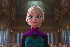 Elsa from Frozen appears concerned in a royal hall