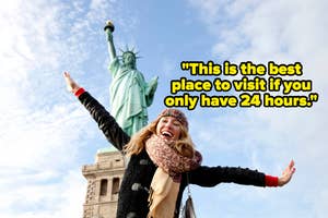 Woman smiling with arms wide open in front of the Statue of Liberty, with an overlaid quote about visiting the place