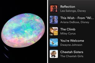 On the left, an opal, and on the right, a Disney Spotify playlist