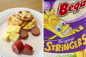 A plate with crackers, cheese cubes and sausage slices next to a Bega cheese stringers pack