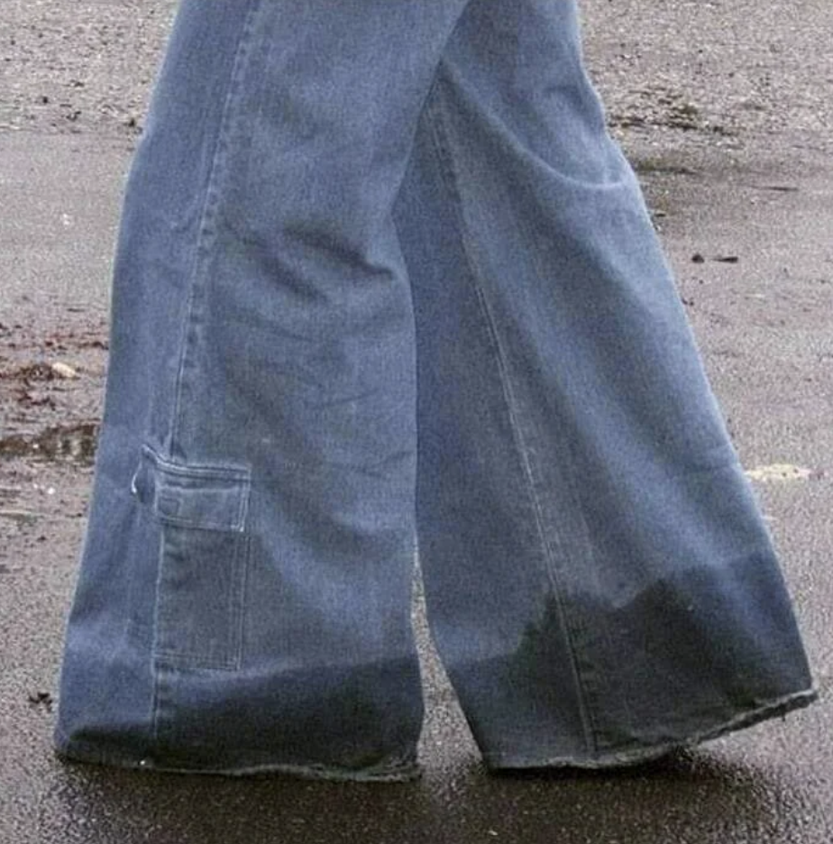 Person wearing wide-leg denim jeans walking on a street