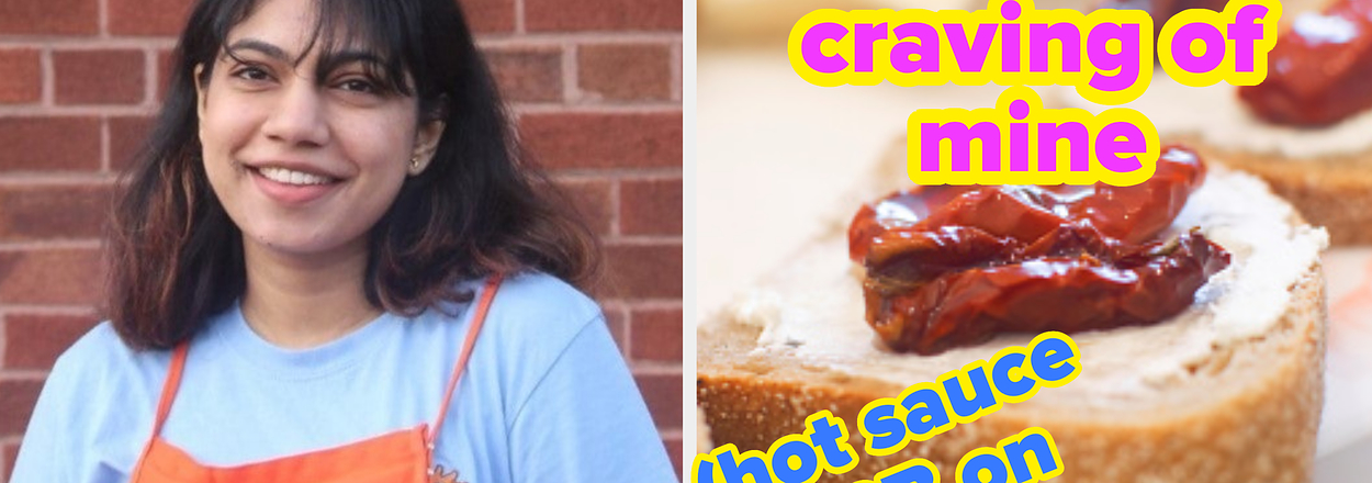 Woman in an apron smiling, text describes a food craving of hot sauce and peanut butter on toast