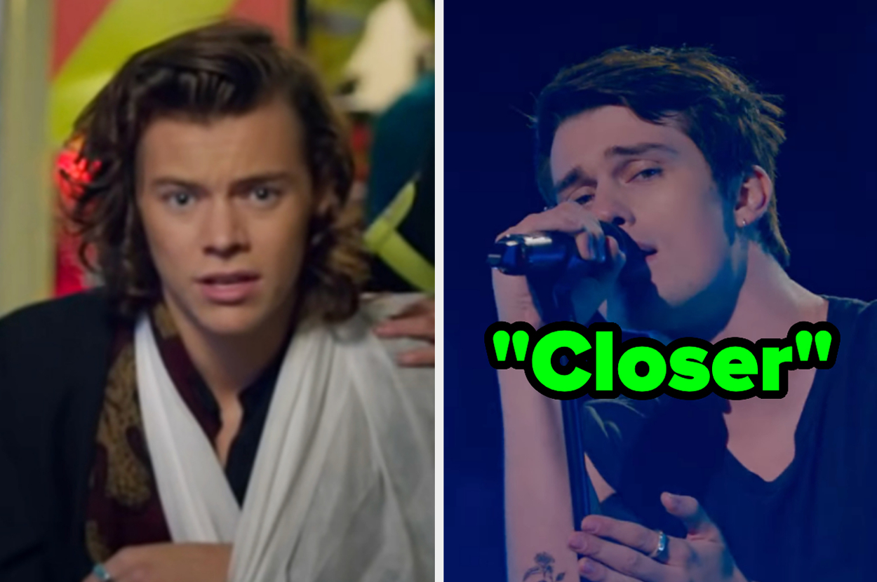 On the left, Harry Styles with his arm in a sling in the Night Changes music video, and on the right, Nicholas Galitizine singing in The Idea of You labeled Closer