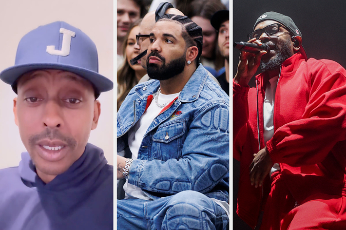 Three separate photos: a man in a cap, Drake in a denim jacket, and a performer in a red outfit on stage