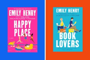 Two book covers side by side, "Happy Place" and "Book Lovers" by Emily Henry, depicting animated couples enjoying beach scenarios