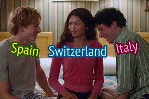 Art labeled "Spain," Tashi labeled "Switzerland," and Patrick labeled "Italy"
