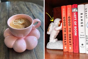 pink cup on cloud saucer and astronaut bookend pushing books