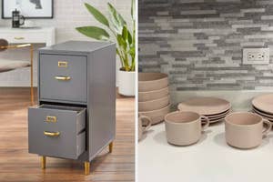 Two images: Left, a grey filing cabinet with gold handles. Right, stacked beige tableware on a countertop