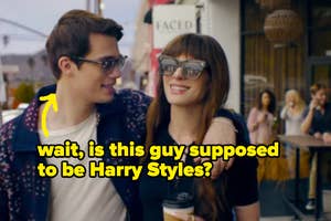 Two actors in a TV show scene with overlaid text questioning a character's resemblance to Harry Styles