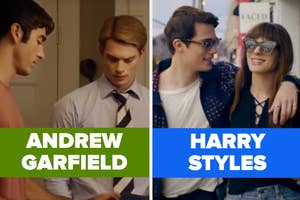 Two split scenes: Andrew Garfield in a suit and tie; Harry Styles with sunglasses and a woman leaning on him