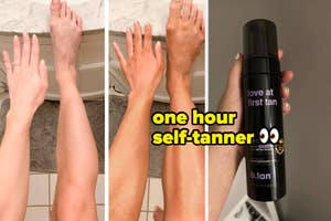 Person holding a self-tanner bottle next to images showing before and after tanning results on legs and arms