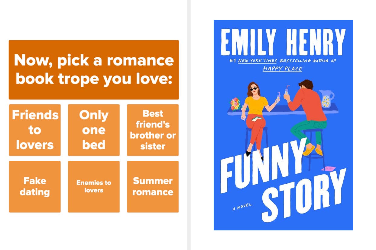 Graphic with choices of romance book tropes and Emily Henry's book cover "Funny Story" showing a couple with beverages