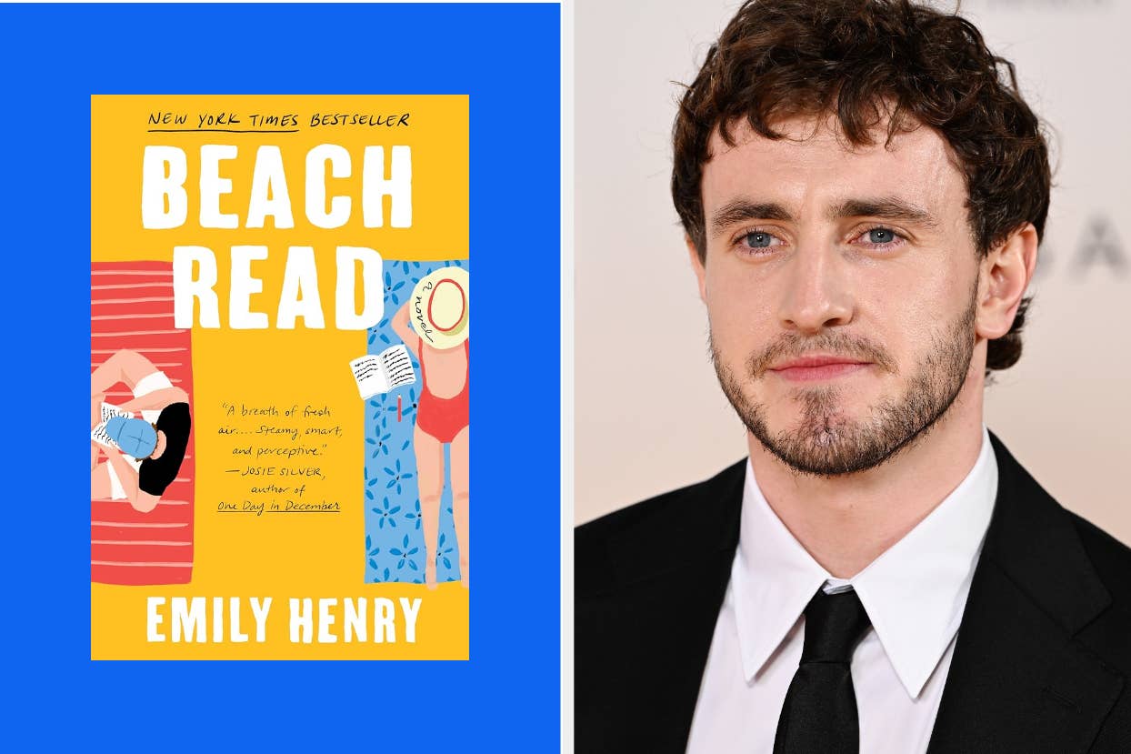 Cover of the book "Beach Read" by Emily Henry next to Paul Mescal