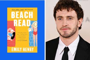 Cover of the book "Beach Read" by Emily Henry next to Paul Mescal