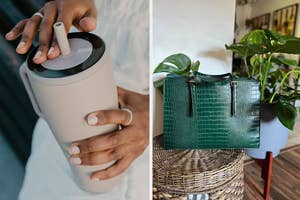 Left: Person holding a modern travel mug. Right: Green textured tote bag beside a houseplant