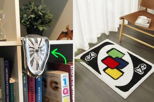 melting clock on shelf and draw four uno rug
