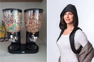 Woman in a hooded jacket beside dual cereal dispensers, likely from a product advertisement