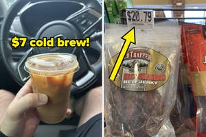 Person holding a $7 cold brew coffee in a car; beef jerky priced at $20.79 in a store