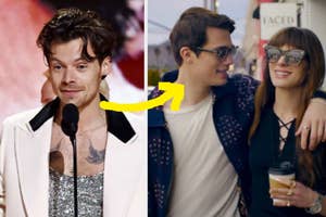 Harry Styles in a white jacket over a sequined top, standing at a microphone, and a still from a TV show with two characters walking arm in arm