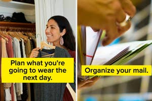 Split image: Left - woman choosing clothes; Right - person sorting mail. Tips for daily organization