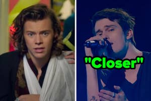 On the left, Harry Styles with his arm in a sling in the Night Changes music video, and on the right, Nicholas Galitizine singing in The Idea of You labeled Closer
