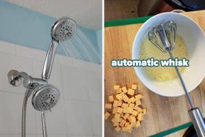 Two images: left shows a showerhead with water on, right features an automatic whisk in a bowl with eggs and cheese cubes nearby