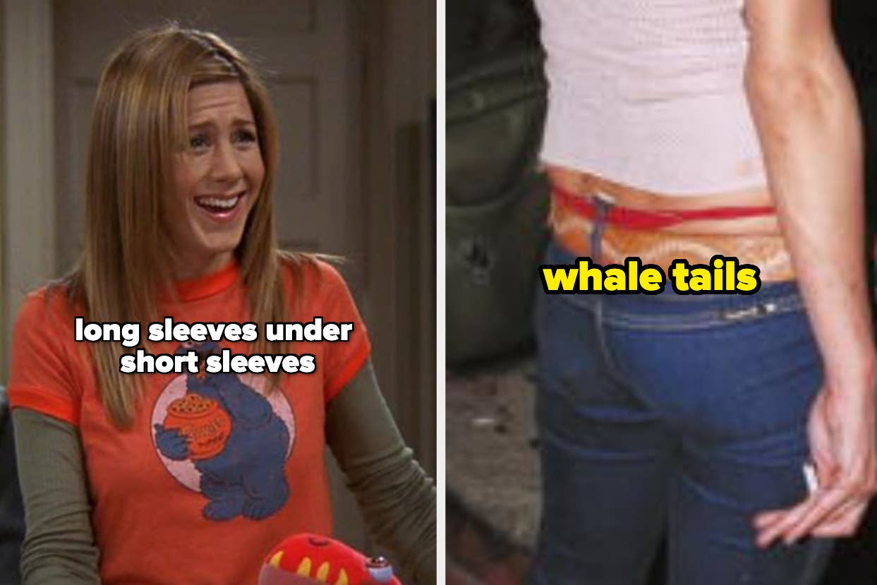 Two side-by-side photos: Left shows Rachel from Friends in layered shirts, right highlights a trend of thong above jeans