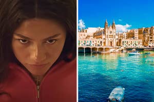 Zendaya glaring at the camera and the blue waters and orange buildings of Malta.