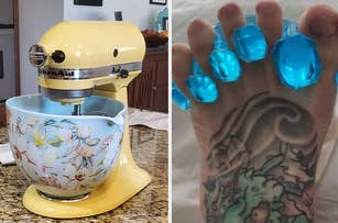 A KitchenAid mixer next to a foot with gemstone-like toenail art, reflecting unique personal style