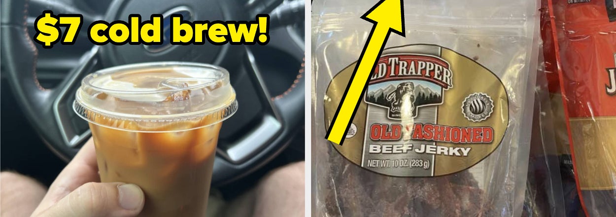 Person's hand holding cold brew coffee in a car; high price tag for beef jerky on a store shelf