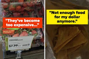 Side-by-side images of expensive organic strawberries and a few chips, captioned as too costly for the amount