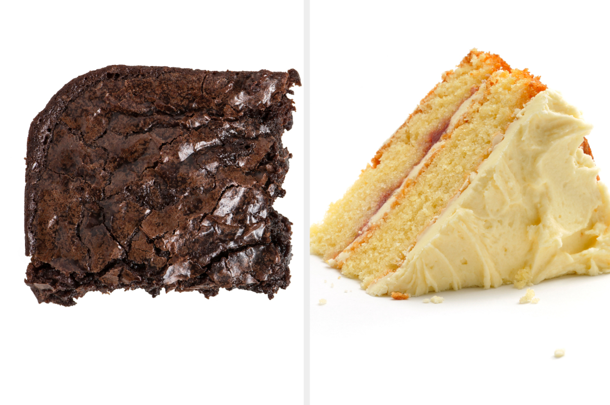 Two slices of dessert, one brownie and one layered cake, side by side on a white background