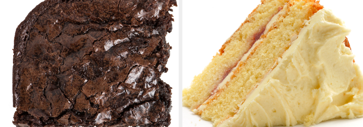 Two slices of dessert, one brownie and one layered cake, side by side on a white background