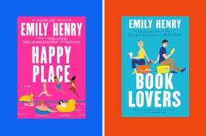 Two book covers side by side, "Happy Place" and "Book Lovers" by Emily Henry, depicting animated couples enjoying beach scenarios