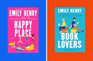 艾米丽·亨利（Emily Henry）的两本书并排封面《快乐的地方》（Happy Place）和《书的情人》（book Lovers），描绘了享受海滩场景的动画情侣