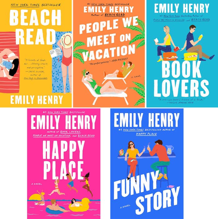 Collage of Emily Henry&#x27;s book covers including &#x27;Beach Read&#x27;, &#x27;People We Meet on Vacation&#x27;, and &#x27;Book Lovers&#x27;