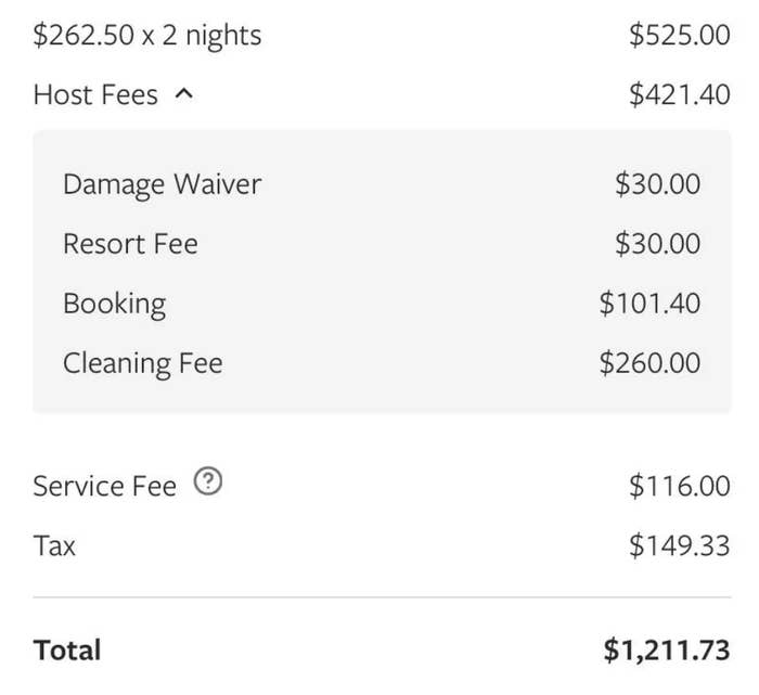 Summary of a booking receipt: Room rate for 2 nights, host fees, damages waiver, resort and booking fees, cleaning fee, service fee, taxes, and total cost