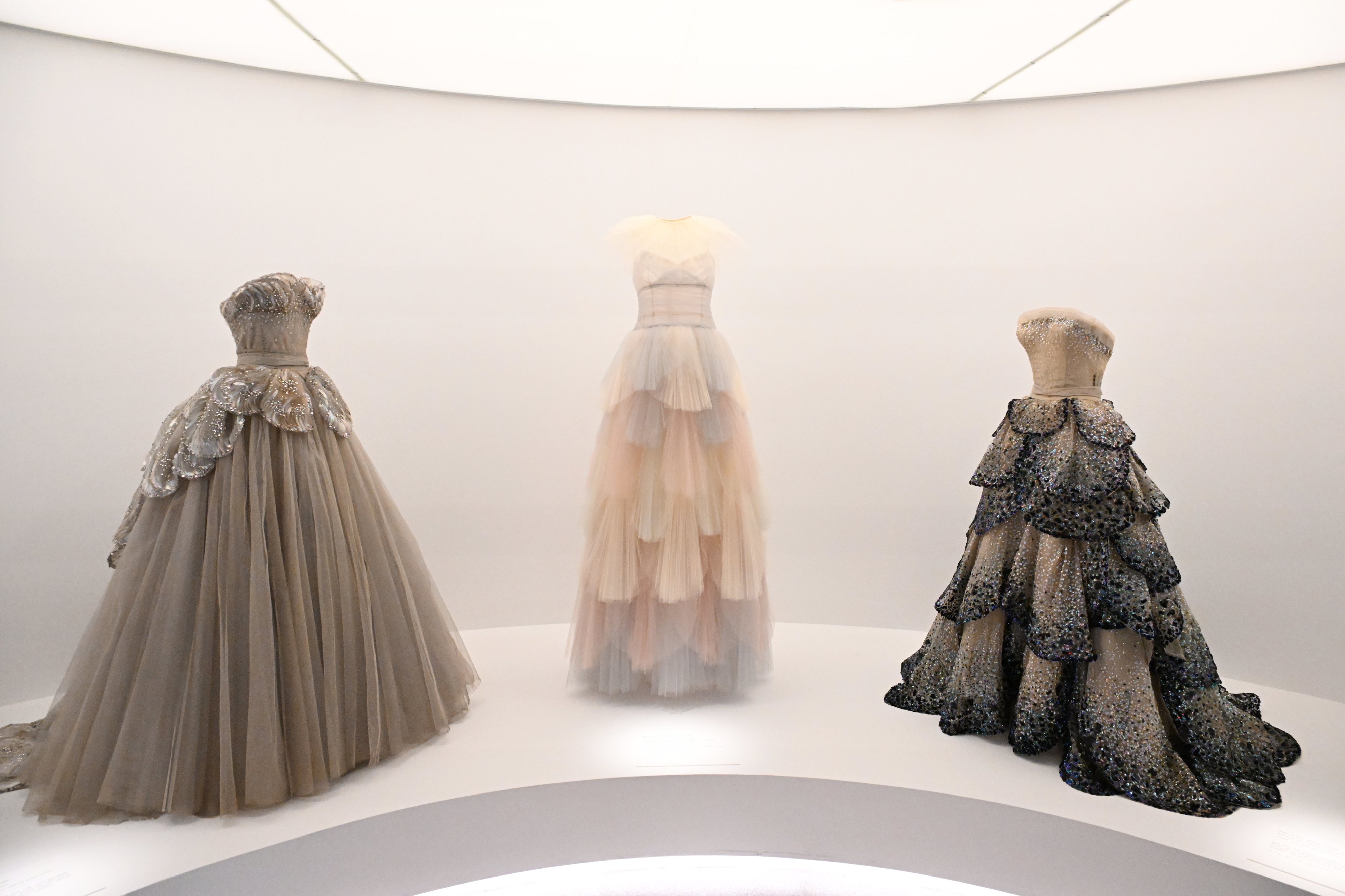 Three elegant gowns on display, each with intricate designs and varying sleeve and skirt styles