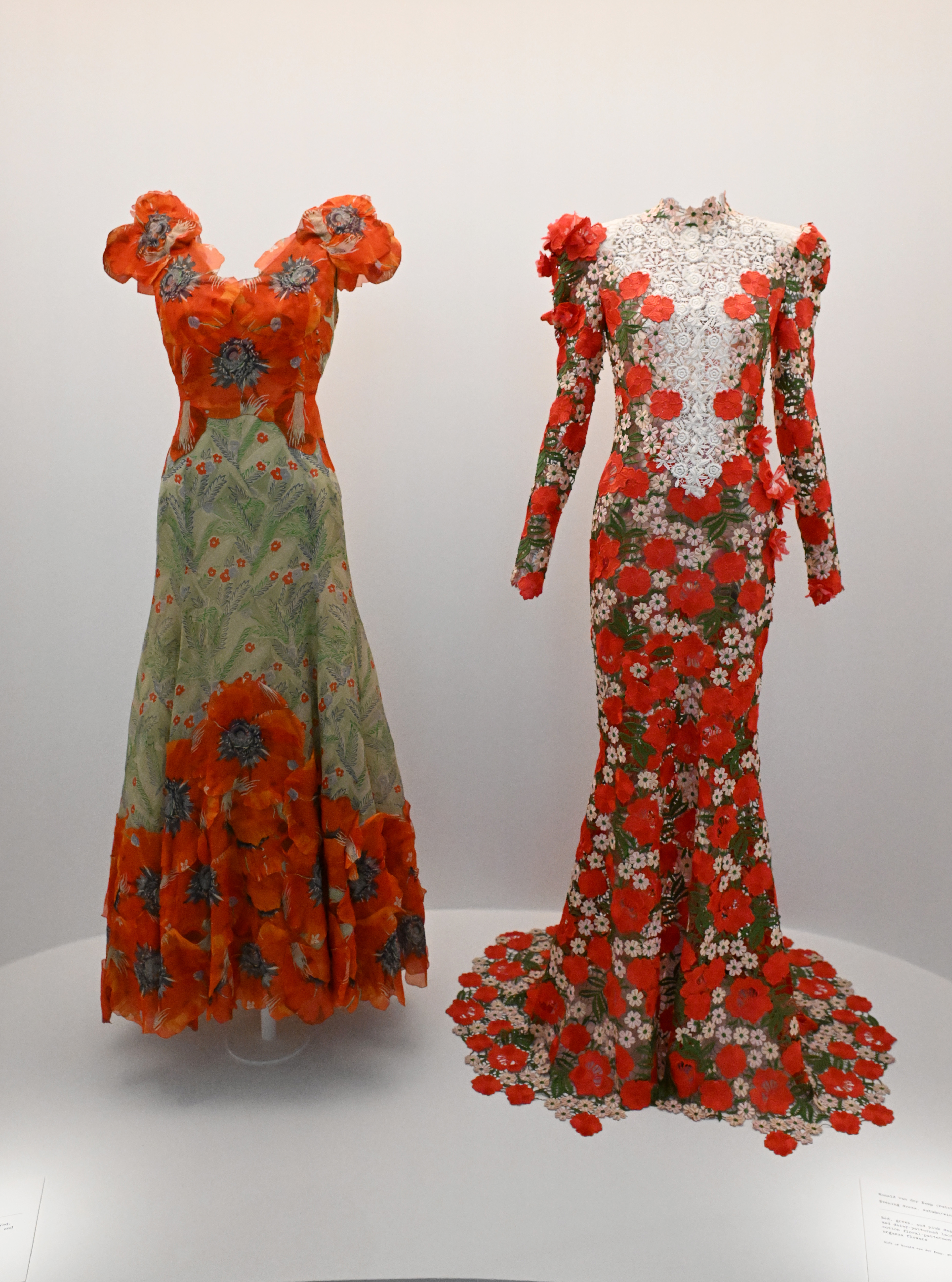 Two floral gowns with 3D flowers on display, one featuring a high neckline and the other with short sleeves