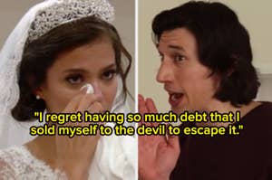 Two scenes: Left, woman in bridal gown with tiara wiping tear; right, man smirking, with the text, "I regret having so much debt that I sold myself to the devil to escape it" over them