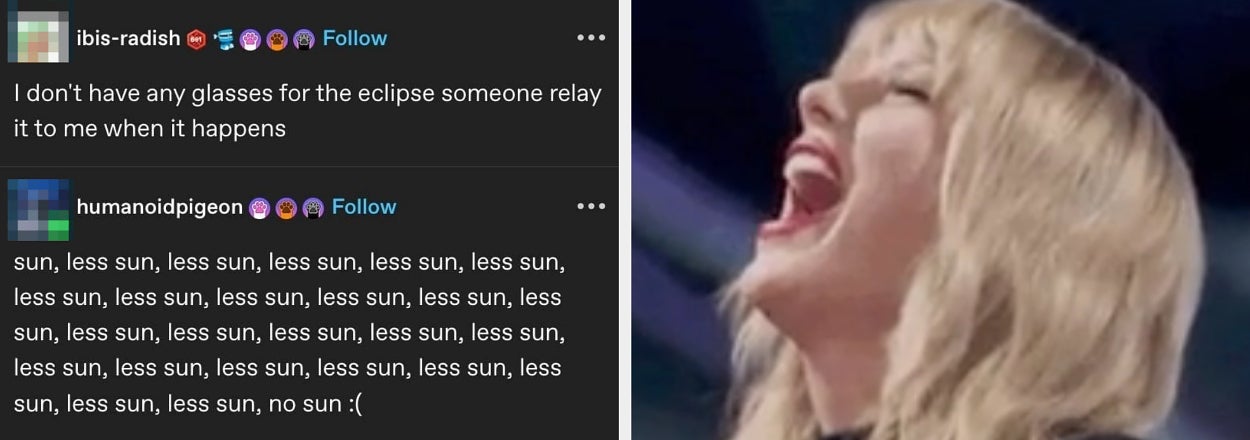 A Tumblr user humorously describing the solar eclipse next to Taylor Swift lauging