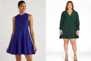 Two models wearing sleeveless blue dress and green dress with long sleeves and ruffles, showcasing plus-size fashion options