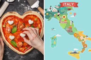Left: A person preparing a heart-shaped pizza. Right: Illustrated map of Italy highlighting landmarks and cuisine