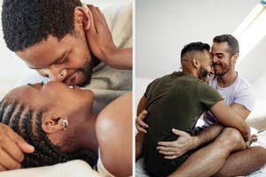 Two images side by side: Left, a couple intimately forehead-to-forehead. Right, a couple embracing and smiling on a bed