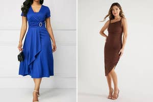Two dresses for comparison; one is a blue midi with a belt, the other a brown fitted knee-length