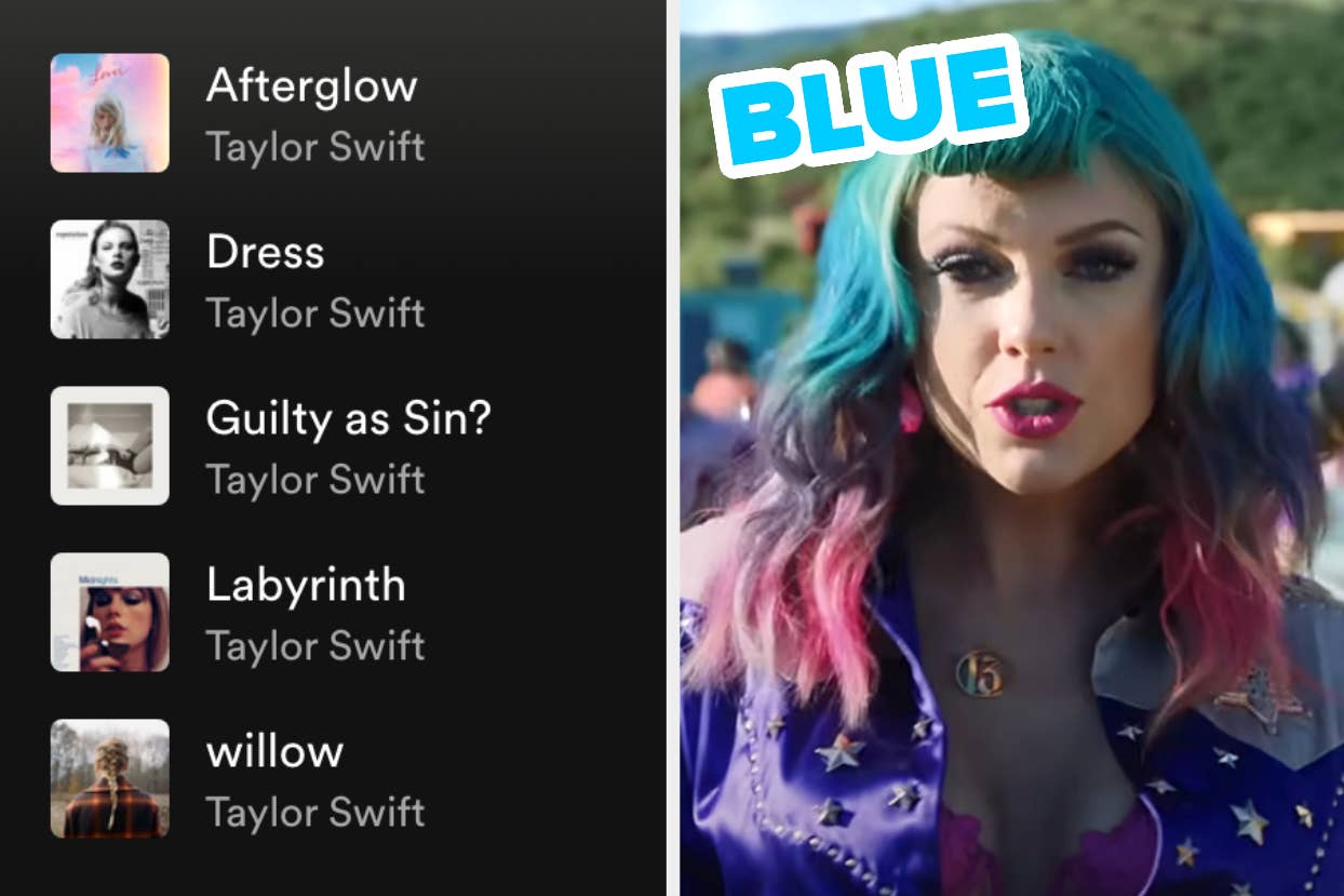 On the left, a Taylor Swift Spotify playlist, and on the right, Taylor Swift in the You Need to Calm Down music video with blue typed on her hair