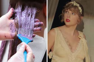 On the left, someone applying dye to someone's hair, and on the right, Taylor Swift in the Willow music video