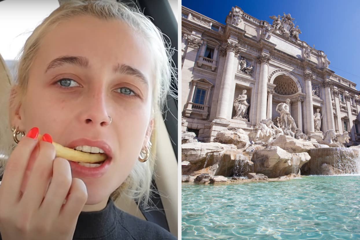 On the left, Emma Chamberlain eating a fry, and on the right, the Trevi Fountain