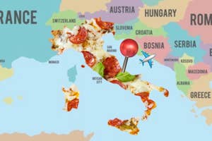 A slice of pizza superimposed on a map of Italy with a pin and an airplane graphic indicating travel